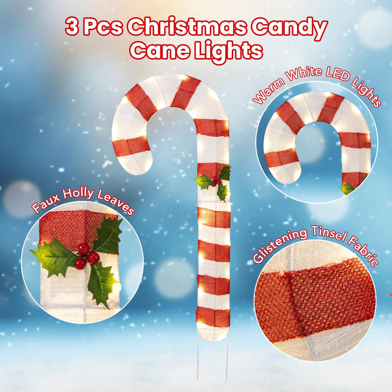 Load image into Gallery viewer, Goplus Lighted Candy Canes, Set of 3 Christmas Tinsel Candy Cane Decoration with 75 Warm White LED Lights
