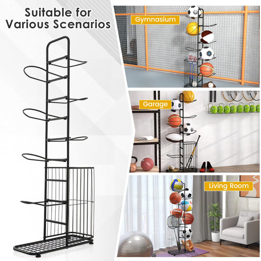 Goplus Garage Sports Equipment Organizer, 7 Ball Storage Rack with Basket, 7-Tier Detachable Stand