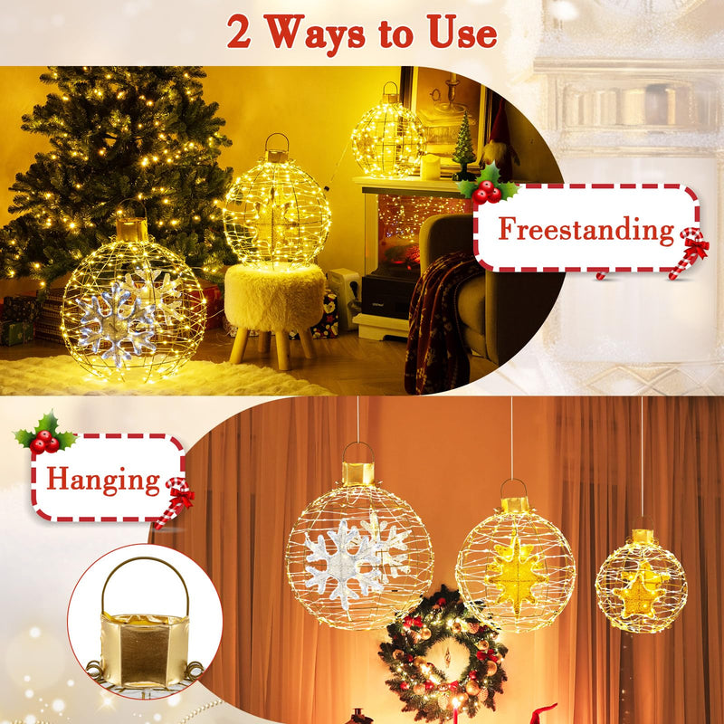 Load image into Gallery viewer, Goplus 3 PCS Pre-Lit Lantern Balls, Hanging/Standing Christmas Ornaments with 732 Bright LED Lights, Zip Ties &amp; Ground Stakes
