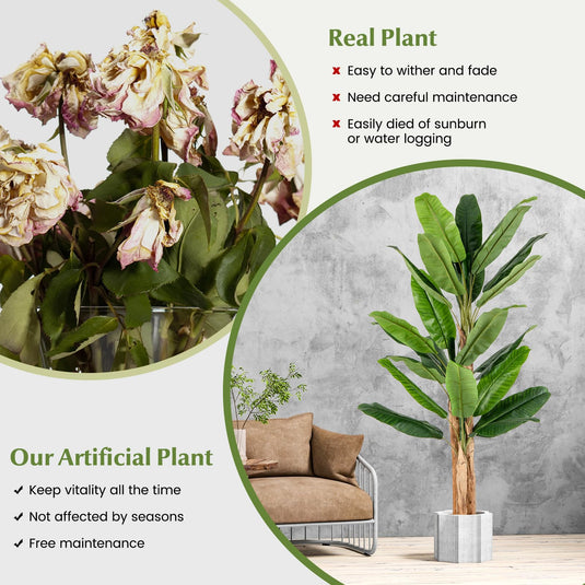 Goplus 6.5 FT Tall Artificial Banana Tree, Fake Banana Tree w/ 27 Large Leaves, Triple Stalks, Natural Bark