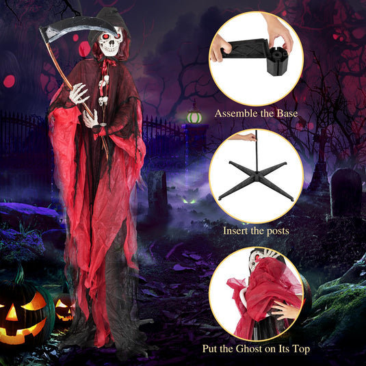 Goplus 8 Ft Halloween Animatronics, Sound & Touch Activated Grim Reaper with Sickle, Glowing LED Eyes & Scary Voices