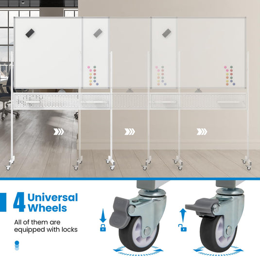 Goplus Rolling Whiteboard, 48” x 36” Height Adjustable Dry Erase Board with Pegboard, Hooks & Trays, Magnets
