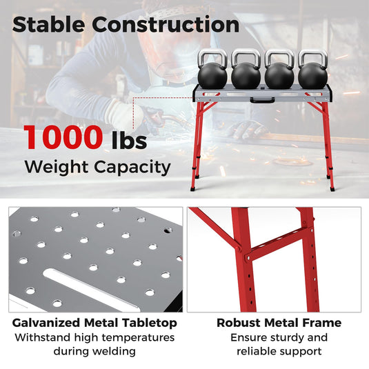 Goplus Welding Table 42" x 21", Folding Height Adjustable Weld Workbench with 1000 LBS Capacity, 2 Bar Clamps, 8 Tool Slots