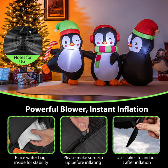 Goplus 6FT Christmas Inflatables, LED Lighted Xmas Inflatable Penguin Family Hand in Hand