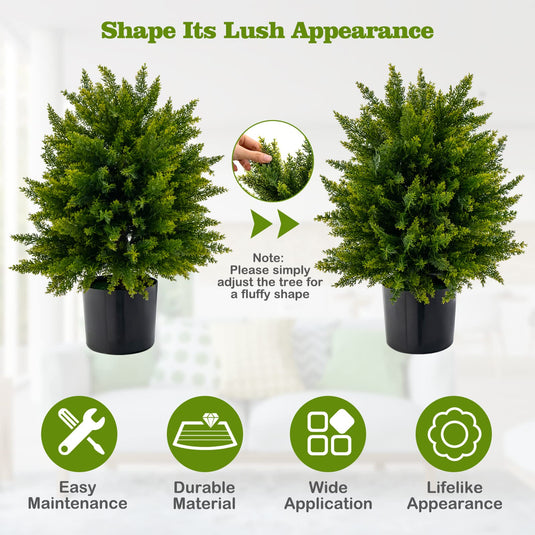 Goplus 21.5" Artificial Cedar Topiary Ball Tree, Set of 2 Faux Potted Plants Artificial Shrubs Bushes with Cement Po