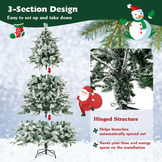 Goplus 6ft Pre-Lit Snow Flocked Artificial Christmas Tree, Pine Needle ...