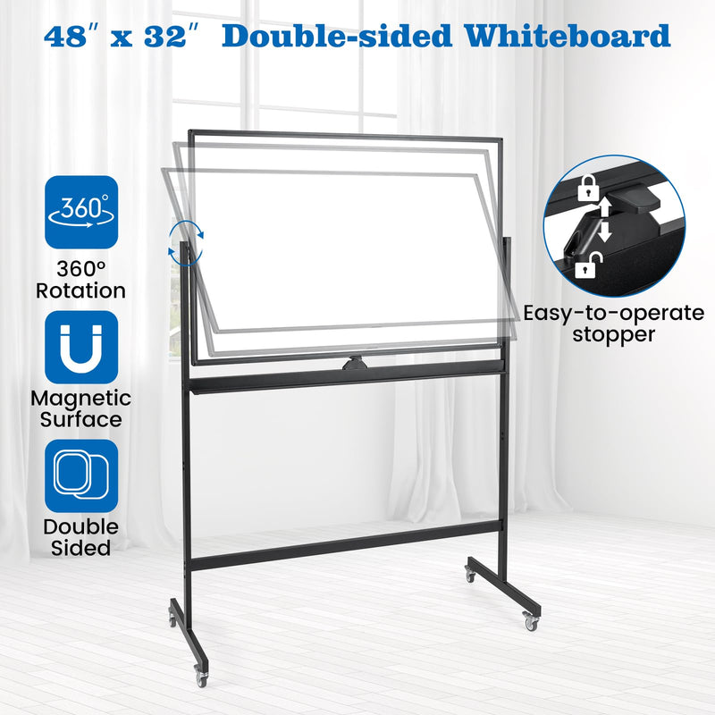 Load image into Gallery viewer, Goplus Rolling White Board, 48&quot; x 32&quot; Double-Sided Whiteboard, Height Adjustable Dry Erase Board w/Markers
