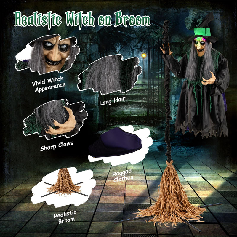 Load image into Gallery viewer, Goplus Witch with Broomstick Halloween Animatronic, Life Size Animated Halloween Prop with Laughing and Screaming Sound
