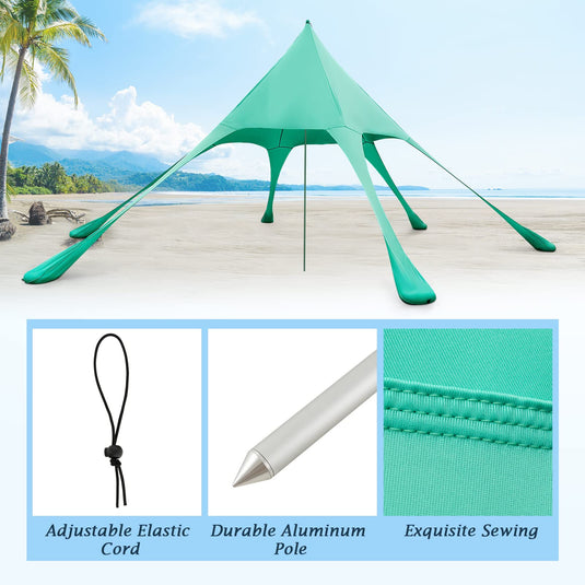 Goplus Beach Canopy, 20 x 20 ft Beach Shade with UPF50+ Sun Protection, Carrying Bag, Sand Shovel, Aluminum Pole, 6 Ground Stake, Green