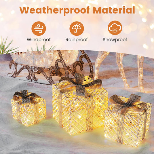 Goplus Set of 3 Christmas Lighted Gift Boxes, 90 LED Light up Present Boxes with Bows