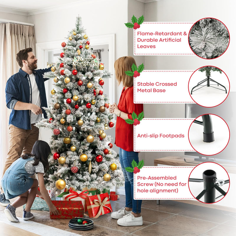 Load image into Gallery viewer, Goplus 7 FT Pre-Lit Snow Flocked Christmas Tree, Artificial Hinged Xmas Tree with 1057 PVC &amp; Pine Needles Branch Tip
