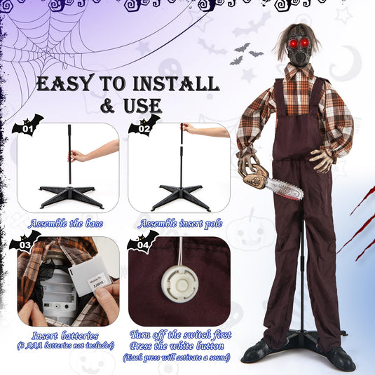 Goplus Halloween Animatronic Chainsaw Man, Halloween Prop with Gas Mask, Chainsaws, Red Light Up Eyes