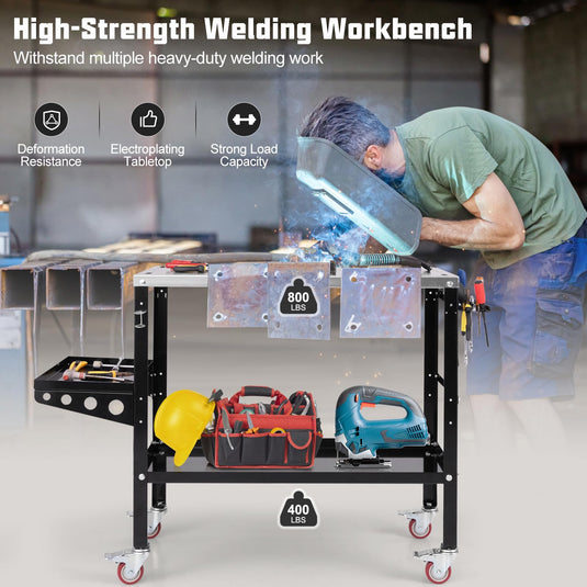 Goplus 36” x 18” Rolling Welding Table, 1200 lbs Welding Workbench on Wheels w/Tool Rack & Tray