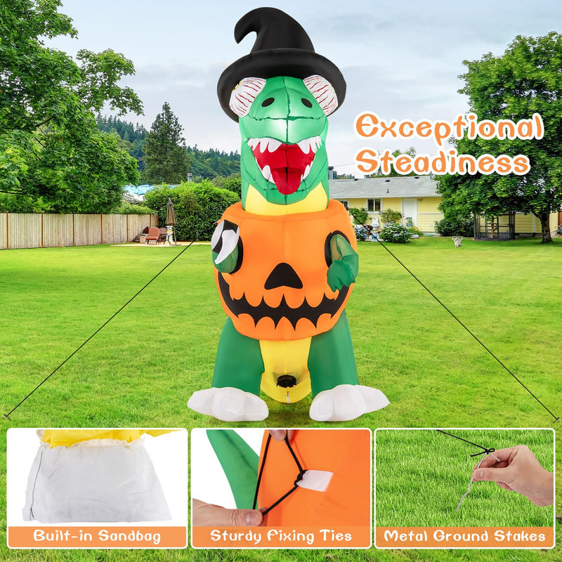 Load image into Gallery viewer, Goplus 6 FT Inflatable Pumpkin Dinosaur, Blow up Yard Decoration with Built-in LED Lights &amp; Witch Hat
