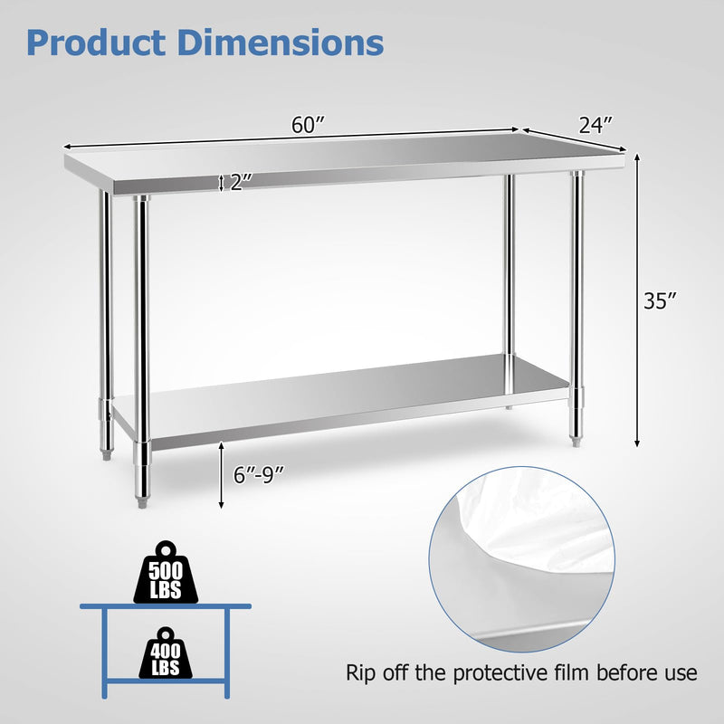Load image into Gallery viewer, Goplus Stainless Steel Table, 24 x 60 Inches Kitchen Prep &amp; Work Table w/Adjustable Undershelf &amp; Footpads
