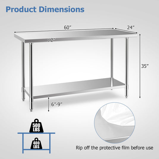Goplus Stainless Steel Table, 24 x 60 Inches Kitchen Prep & Work Table w/Adjustable Undershelf & Footpads