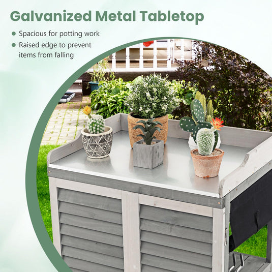 Goplus Outdoor Potting Bench Table, Garden Storage Cabinet w/Metal Tabletop