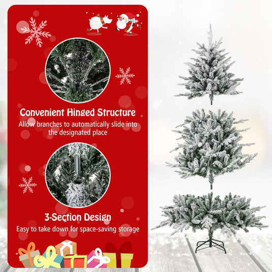 Goplus 6ft Pre-Lit Snow Flocked Christmas Tree, Artificial Hinged Full Xmas Tree with 260 Multicolored LED Lights