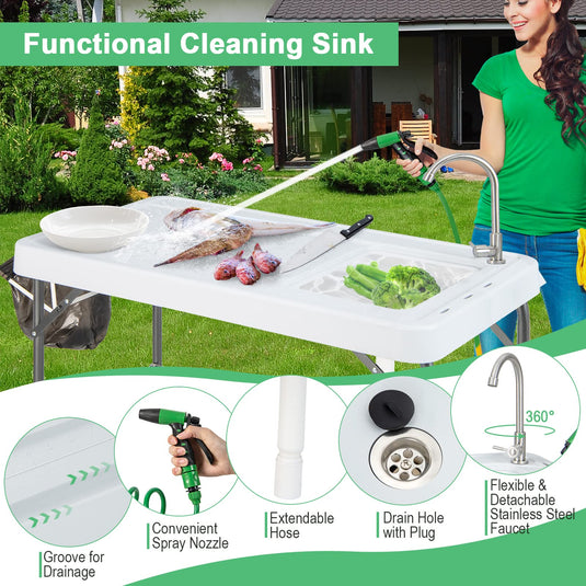 Goplus Folding Fish Cleaning Table with Sink and Spray Nozzle, Portable Camping Sink Table with Faucet