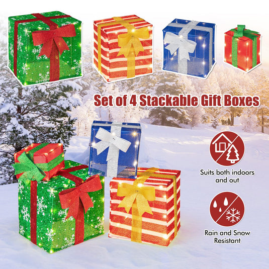 Goplus Lighted Gift Boxes, Set of 4 Stackable Pre-lit Box Decorations with Warm White LED Lights & Pre-Assembled Ribbons