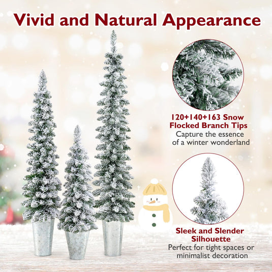 Goplus 3' 4' 5' Pre-Lit Snow Flocked Christmas Tree Set of 3, Slim Pencil Artificial Potted Xmas Trees with 423 Branch Tips