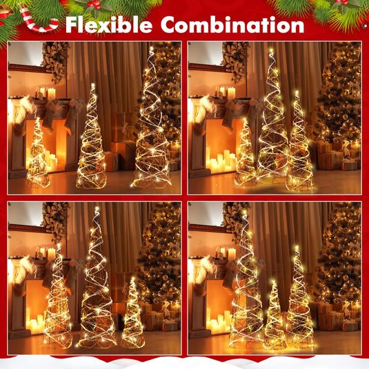 Goplus Set of 3 Large Christmas Cone Trees, 32” 24” 16” Indoor Christmas Trees w/Warm White LED Lights