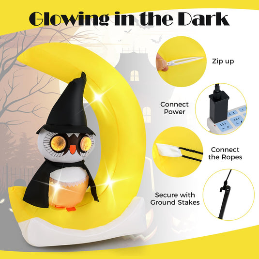 Goplus 5.1 Ft Halloween Inflatables, Pre-Lit Owl on The Moon with Witch Hat