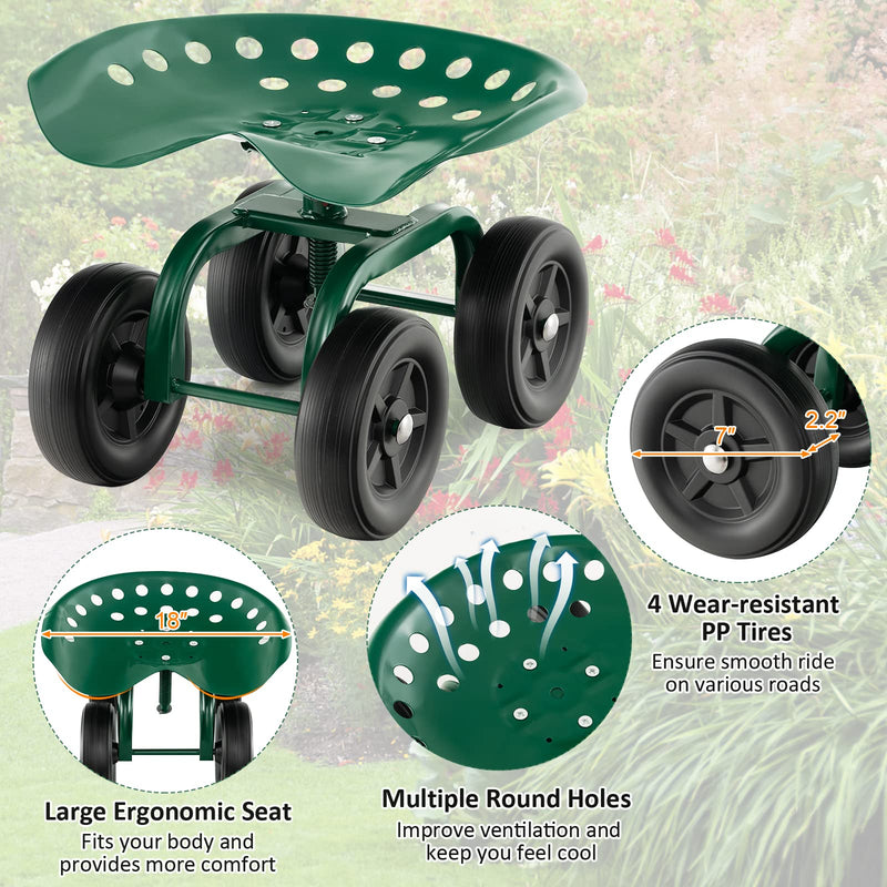 Load image into Gallery viewer, Goplus Garden Cart with Wheels, Utility Stool Cart w/Adjustable 360 Degree Swivel Seat

