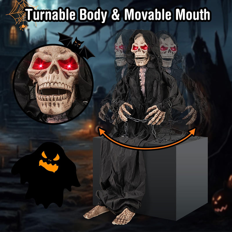 Load image into Gallery viewer, Goplus Halloween Animatronics, Animatronic Sitting Skeleton, Halloween Animated Moving Reaper with Light Up Eyes
