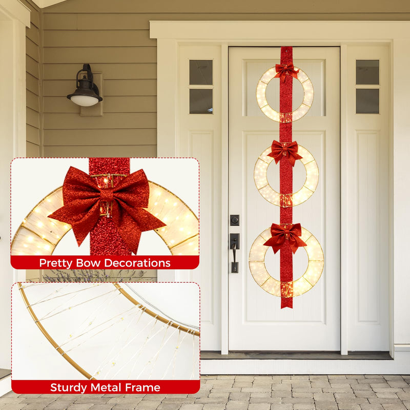 Load image into Gallery viewer, Goplus Set of 3 Pre-Lit Wreaths, 5.8 FT Xmas Light-up Decorations on Red Ribbon with 450 LED Lights
