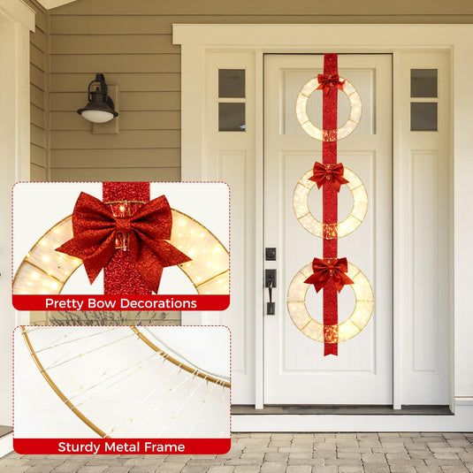 Goplus Set of 3 Pre-Lit Wreaths, 5.8 FT Xmas Light-up Decorations on Red Ribbon with 450 LED Lights