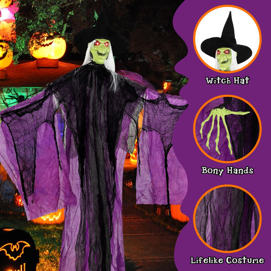 Goplus 7.2 FT Halloween Animatronic Witch, Animated Standing Poseable Figure with Light up Eyes