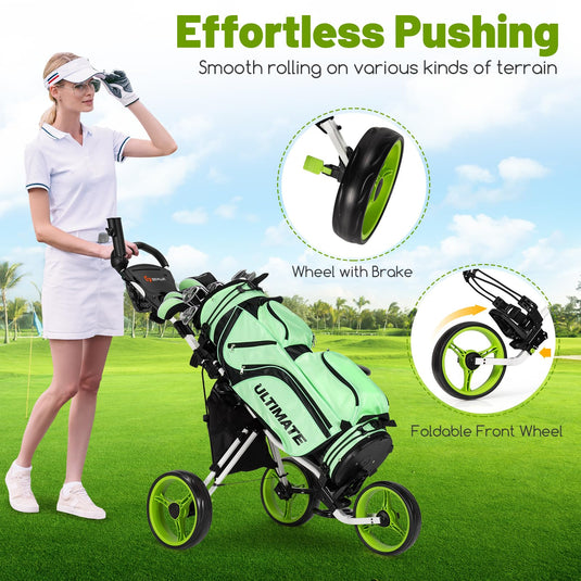 Goplus 3 Wheel Golf Push Cart, Lightweight Foldable Caddy Cart w/Adjustable Seat