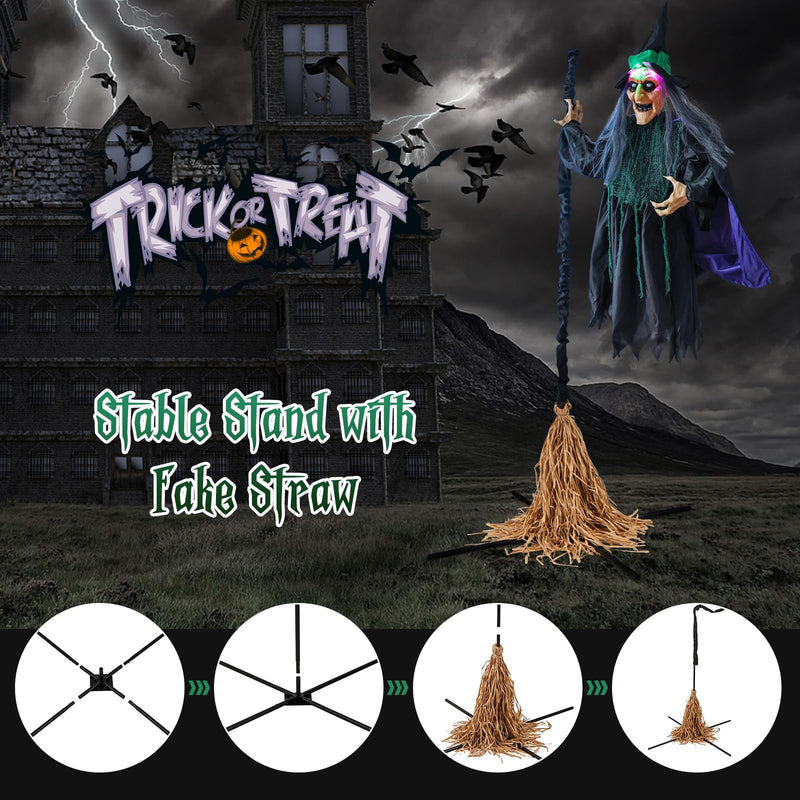 Load image into Gallery viewer, Goplus Witch with Broomstick Halloween Animatronic, Life Size Animated Halloween Prop with Laughing and Screaming Sound
