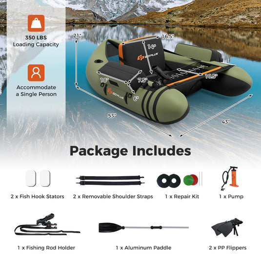 Goplus Inflatable Float Tube, Fishing Belly Boat with Fish Ruler, Pump, Storage Bag, Adjustable Straps