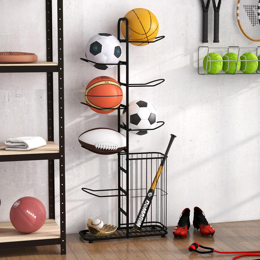 Goplus Garage Sports Equipment Organizer, 7 Ball Storage Rack with Basket, 7-Tier Detachable Stand