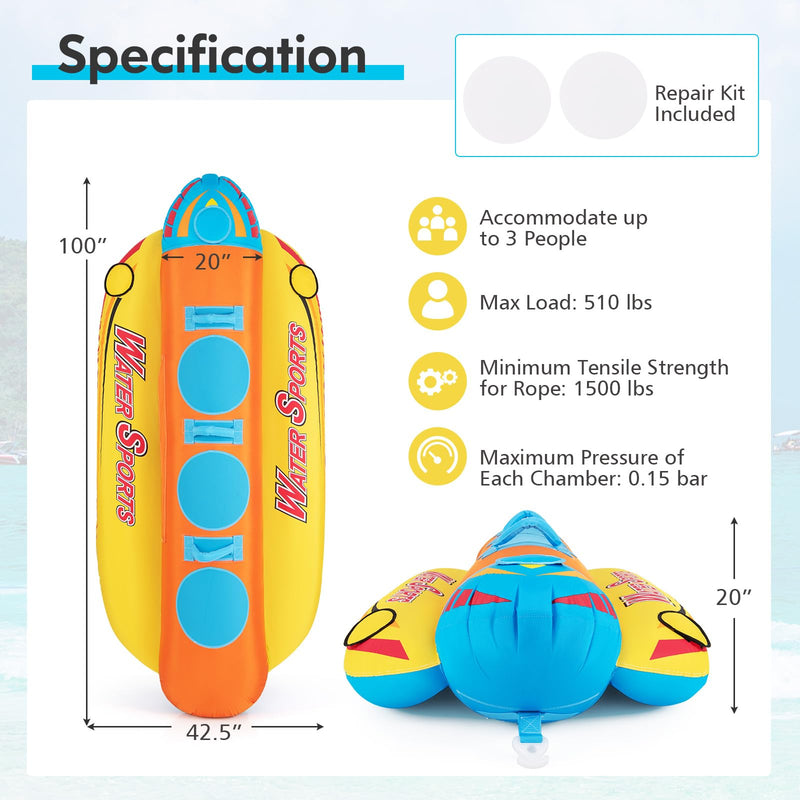 Load image into Gallery viewer, Goplus Inflatable Towable Tubes for Boating, Water Sports Banana Boat with 3 EVA-padded Seats for Towing Rider
