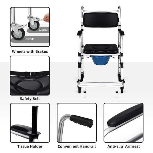 Goplus 4 in 1 Shower Commode Wheelchair, 330lbs Bedside Commode Chair for Toilet with Arms