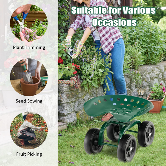 Goplus Garden Cart with Wheels, Utility Stool Cart w/Adjustable 360 Degree Swivel Seat
