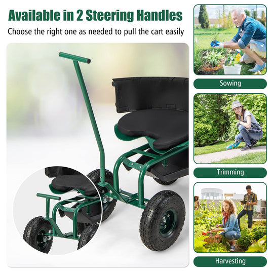 Goplus Rolling Garden Cart, Garden Scooter with Seat & Tool Storage, Outdoor Gardening Workseat