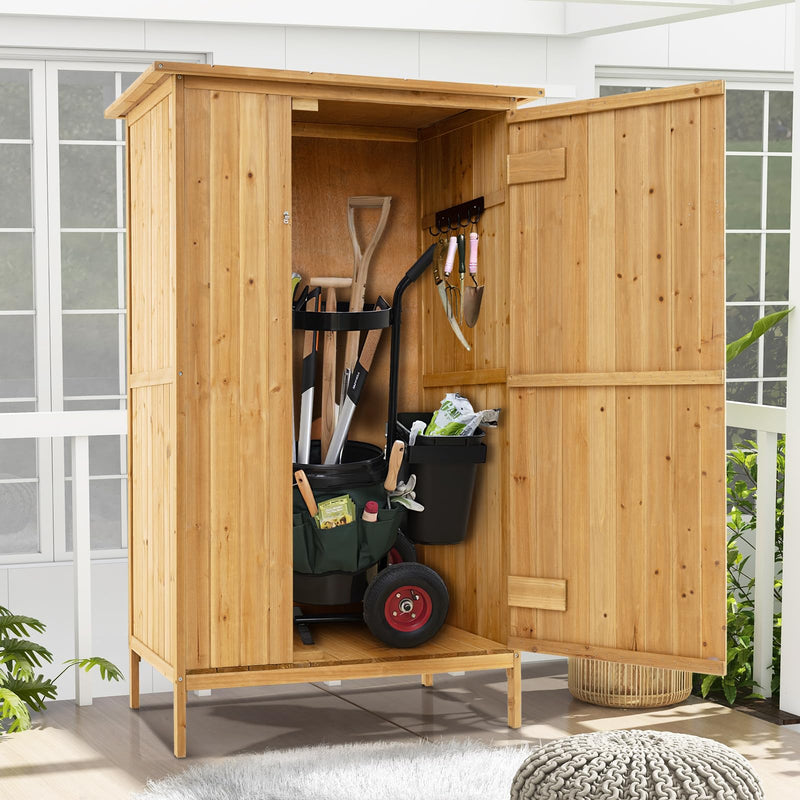 Load image into Gallery viewer, Goplus Outdoor Storage Cabinet, 5 × 3 FT Wooden Garden Shed with Asphalt Roof, 3 Shelves
