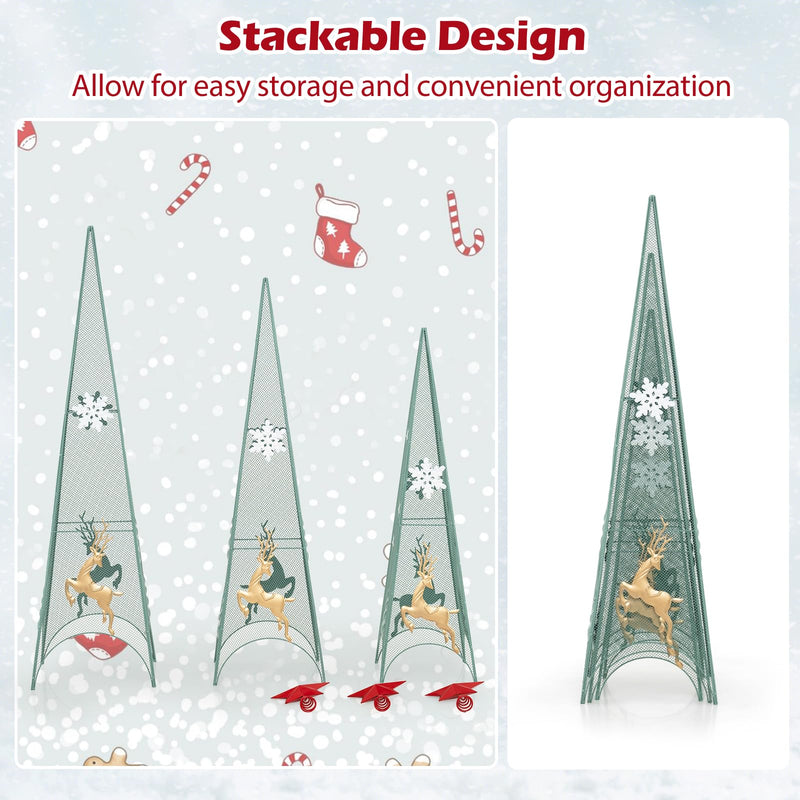 Load image into Gallery viewer, Goplus Set of 3 Tower Shaped Christmas Trees (3ft/3.5ft/4ft), Artificial Xmas Metal Trees with Removable Star Toppers &amp; Reindeer
