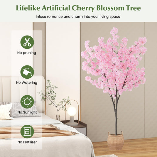 Goplus 6.5FT Artificial Cherry Blossom Tree, Pink Fake Flower Tree, Faux Floral Plant Blooming Tree in Cement Pot