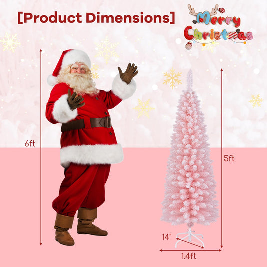 Goplus 5ft Pink Slim Pencil Christmas Tree, Artificial Unlit Skinny Xmas Full Tree with 328 Branch Tips