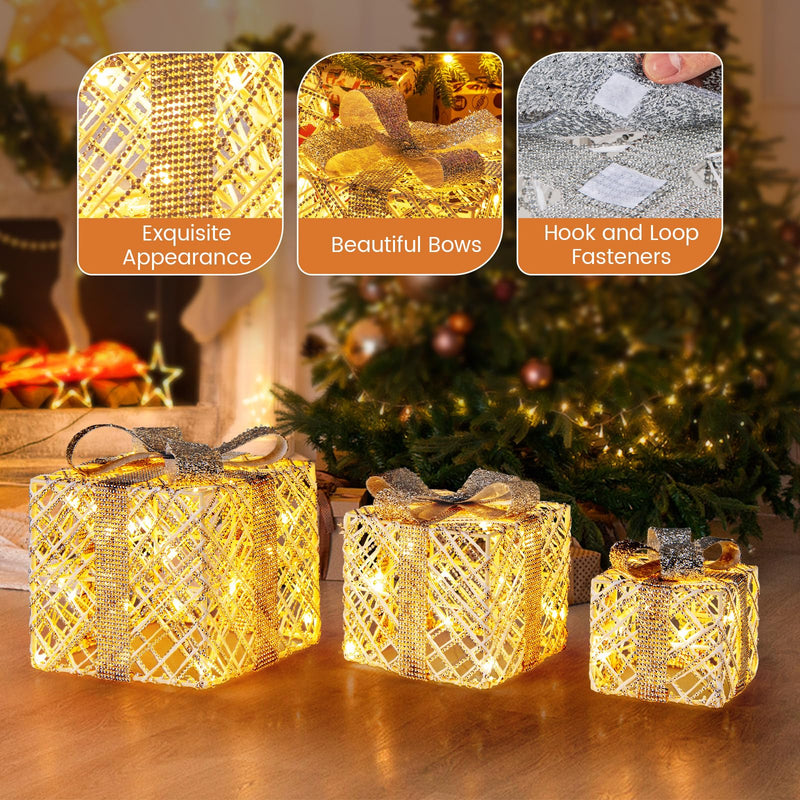 Load image into Gallery viewer, Goplus Set of 3 Christmas Lighted Gift Boxes, 90 LED Light up Present Boxes with Bows
