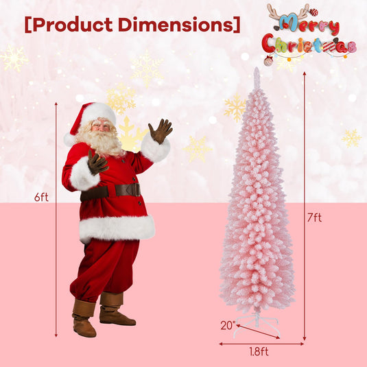 Goplus 7ft Pink Slim Pencil Christmas Tree, Artificial Unlit Skinny Xmas Full Tree with 635 Branch Tips