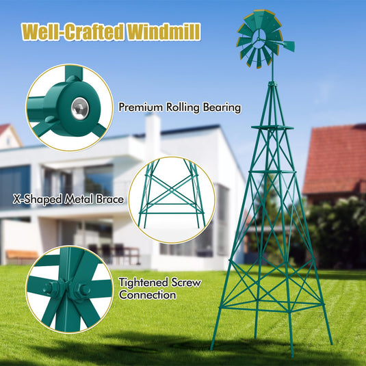Goplus 8 ft Ornamental Windmill, All-Weather Metal Wind Mill w/ 4 Support Legs, Decorative Weathervane