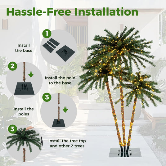 Goplus Pre-Lit Artificial Christmas Tree, 4/5/6 FT Triple Coconut Plam Trees with Metal Base