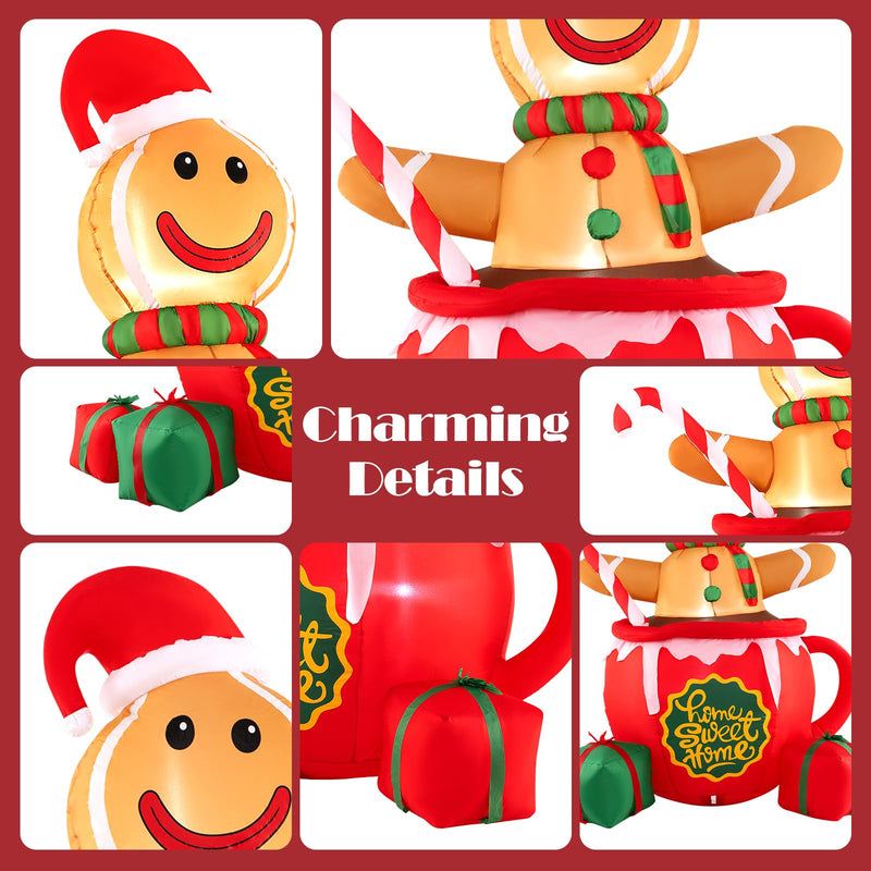 Load image into Gallery viewer, Goplus 7 Ft Christmas Inflatable, Blow up Pre-Lit Gingerbread Man in Mug with Gift Boxes &amp; Candy Cane
