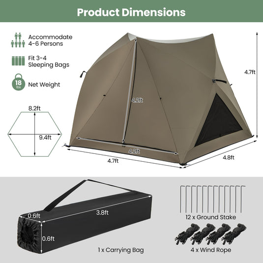 Goplus Pop-up Camping Tent for 4/5/6 Person, 6-Sided Family Tent w/Rainfly, Skylight, 3 Doors